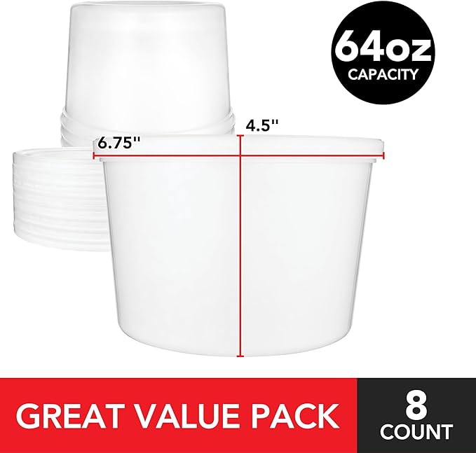 Stock Your Home 64 oz Plastic Deli Containers with Lids (8 Pack), Half Gallon Reusable Freezer Containers, Disposable Food Storage Containers with Lids, To Go Soup, Microwave Safe