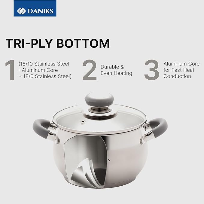 Daniks Modern 2 Quart Stainless Steel Stock Pot with Glass Lid, Tri-Ply Bottom for Even Heating, Induction Compatible, Dishwasher Safe, Heatproof Handles
