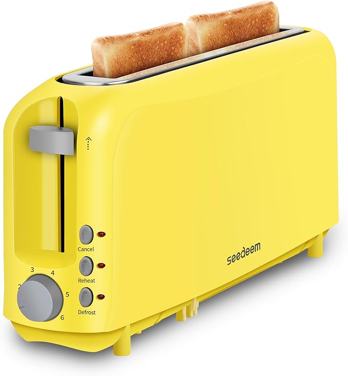 SEEDEEM 2 Slice Slim Toaster, Single 10" Long Slot Toaster Fits Bagels & Artisan Bread, 6 Shade Settings, Cancel/Reheat/Defrost, Removable Crumb Tray, Auto Shut-Off, Yellow