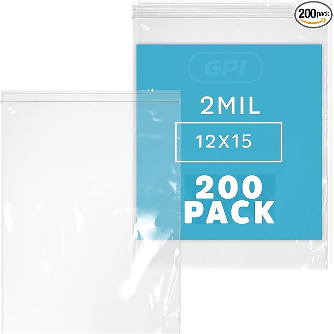 GPI - 12" x 15" Zip Bags, 200 Count, Clear Plastic Reclosable Zipper Poly Baggies, with Resealable Zip Top Lock. for Freezer, Apparel, Clothing, Food, Home & Office Supplies.