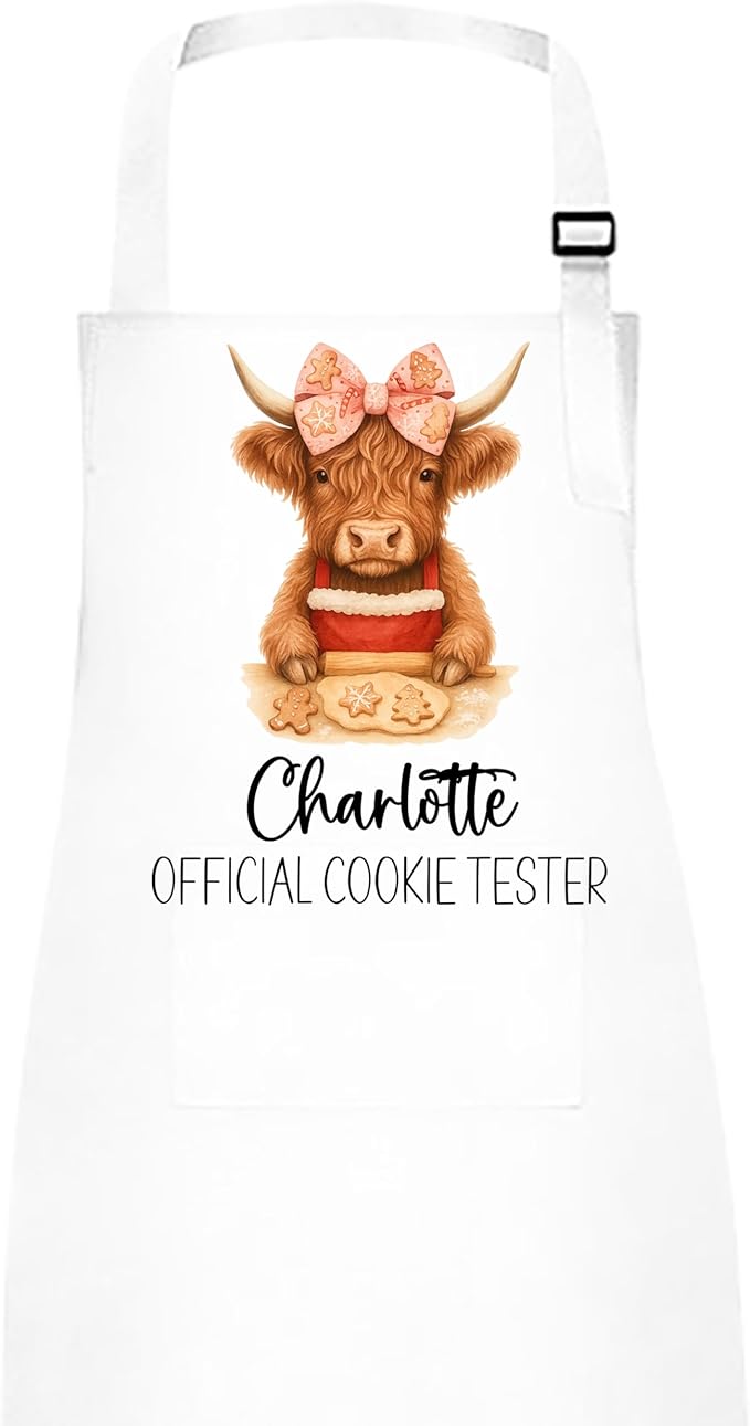 Personalized Mommy & Me Highland Cow with Bow Apron Set – Christmas Matching Family Baking Gift