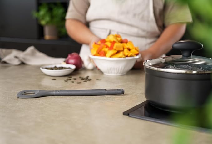 Zyliss E980225 Slotted Square Mixing Spoon, Sustainable Wheatstraw/Nylon, Spoon for Cooking and Stirring, Heat Resistant Silicone Head, Beluga Grey, 11.7" x 2.2", Dishwasher Safe