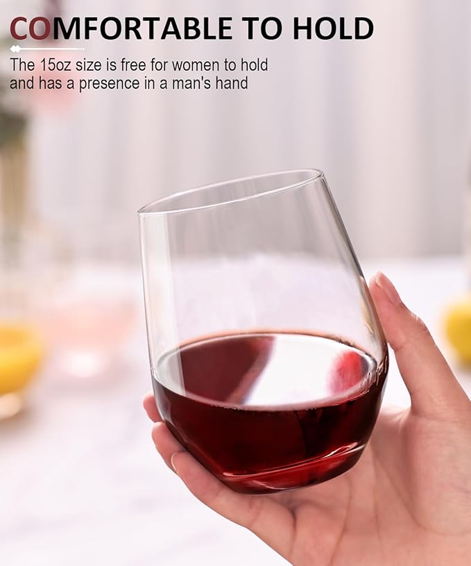OJA Stemless Wine Glasses Set of 12, 15oz Crystal Red White Wine Glasses, No Stem, Clear, Sturdy Drinking Glass for Daily Use, Birthday, Wedding, Home Party, Anniversary, Shower Gift