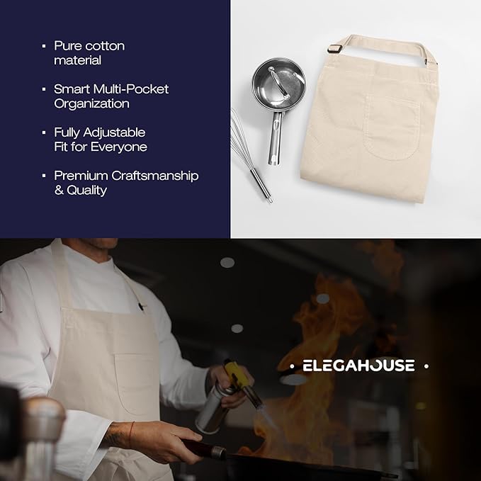 Unisex Apron with Pockets for Cooking, Salon & Art - 100% Cotton Adult Kitchen, Chef, Stylist Apron (Beige)