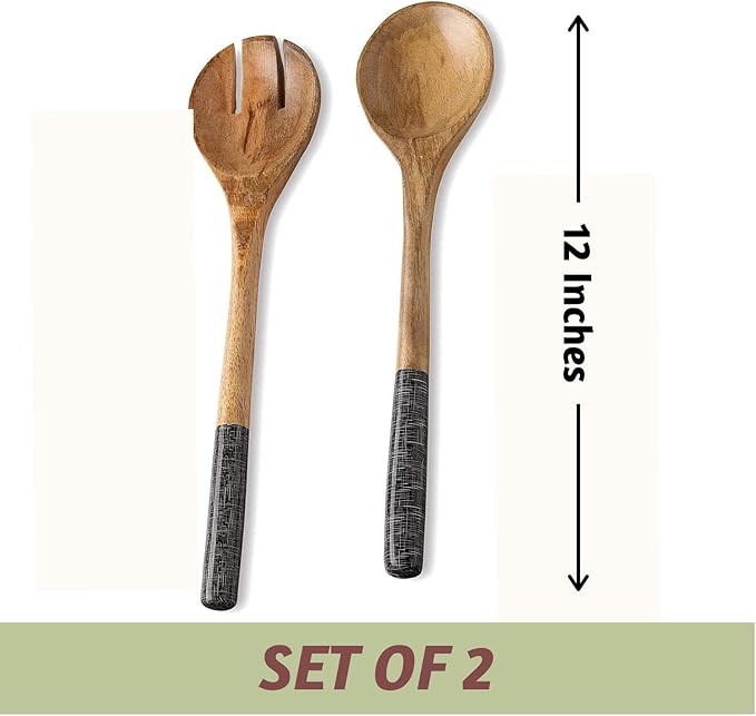 Folkulture Salad Servers or Salad Tongs | Set of 2 (12") Serving Spoons in Kitchen Essentials or Salad Hands Set | Wooden Salad Tongs for Serving | Christmas Gifts for Women Unique
