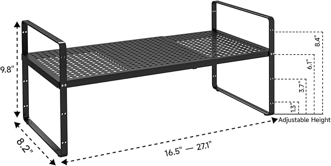 16.5-27’’L Expandable Cabinet Countertop Shelf Organizer, Stackable Metal Shelves, Kitchen Organizers and Storage, Black Storage Spice Rack for Pantry and Cupboard