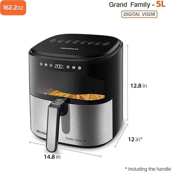Mondial - Air Fryer Digital Visor Inox 5.3QT Capacity - High Power & Elegant Stainless Steel Finish - Black & Inox