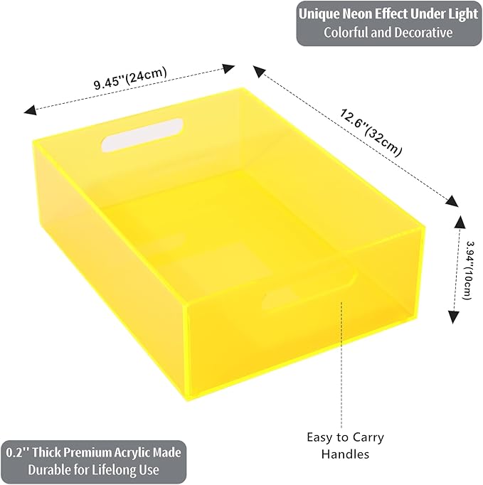 Acrylic Storage Bin Pantry Storage Container with Handles Kitchen Organizer Bin for Cabinet Cupboard Organization, Heavy Duty, 12.6 x 9.4 x 4'', Neon Yellow