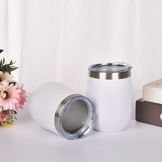 6 Pack Stainless Steel Wine Tumblers, 12Oz Insulated Wine Tumbler, Double Wall Insulated Wine Glass, Stainless Steel Stemless Wine Cups with Lids for Coffee, Wine, Cocktails, Champaign, White