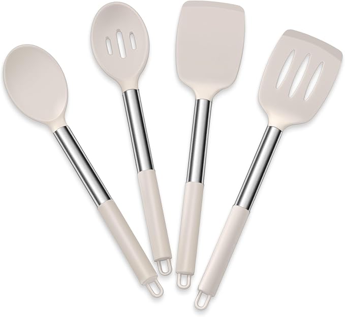 E-far Cooking Utensils Set of 4, Silicone Kitchen Utensils for Non-stick Cookware, Heat Resistant & Non-toxic Slotted Spatula Solid Spoon Turner for Flipping Mixing Serving Basting(Khaki)