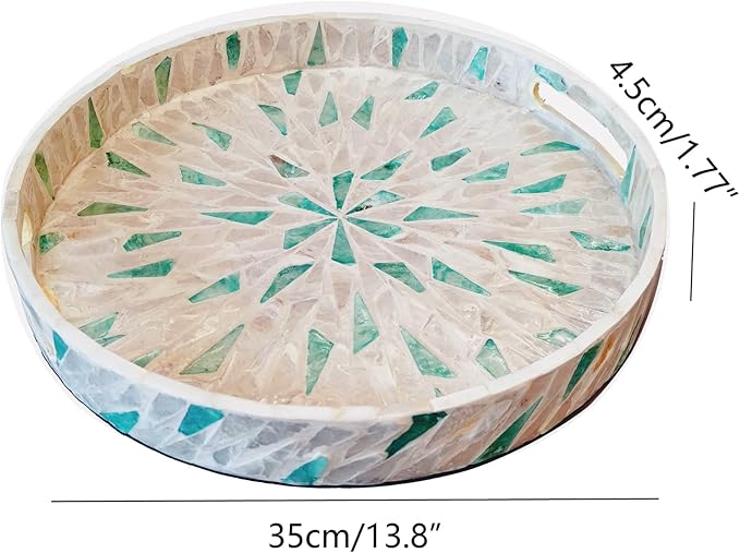 i-LAN 14-Inch Round Mother of Pearl Tray Boho Style Decorative Serving Tray,Beige Green Wooden Ottoman Lacquer Tray, with Handle and 2 Inch Side, Trays for Bread Fruits Coffee