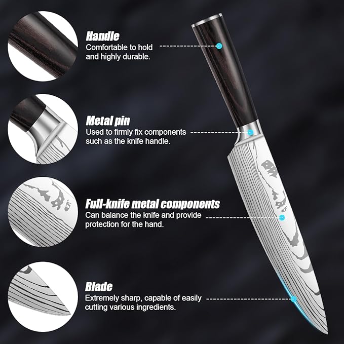 5-Piece Premium Japanese Kitchen Knife Set - Imperial Collection, Laser Damascus Pattern, 440A Stainless Steel Ultra Sharp for Fast Cutting (Redwood 5B)