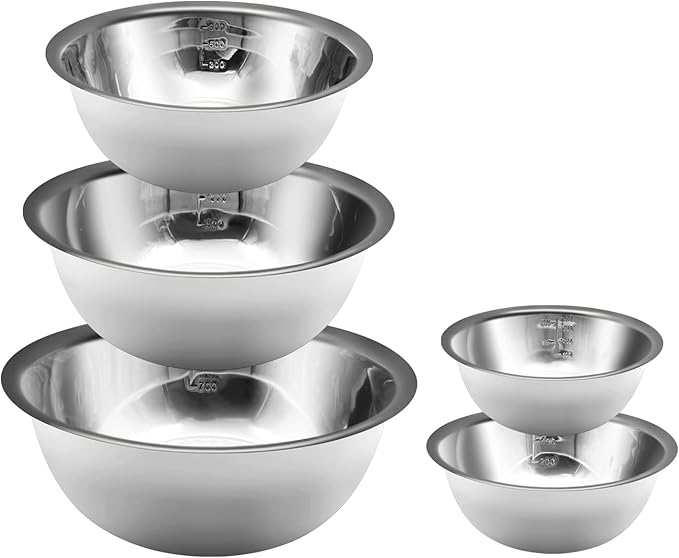 Mixing Bowls Set, Stainless Steel Mixing Bowl Set of 5, Space-Saving Nesting Metal Mixing Bowls for Home Kitchen, RV Kitchen, Baking, Prep, Cooking, Serving, Marinating