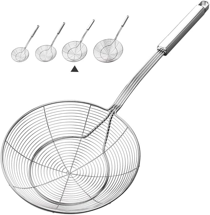 YFWOOD 7 Inch Spider Strainer Skimmer, Reinforced Double Coil Wire Skimmer with Large Handle Solid Stainless Steel Strainer Ladle,for Kitchen Deep Frying Food Spaghetti Noodle (1 - Piece)