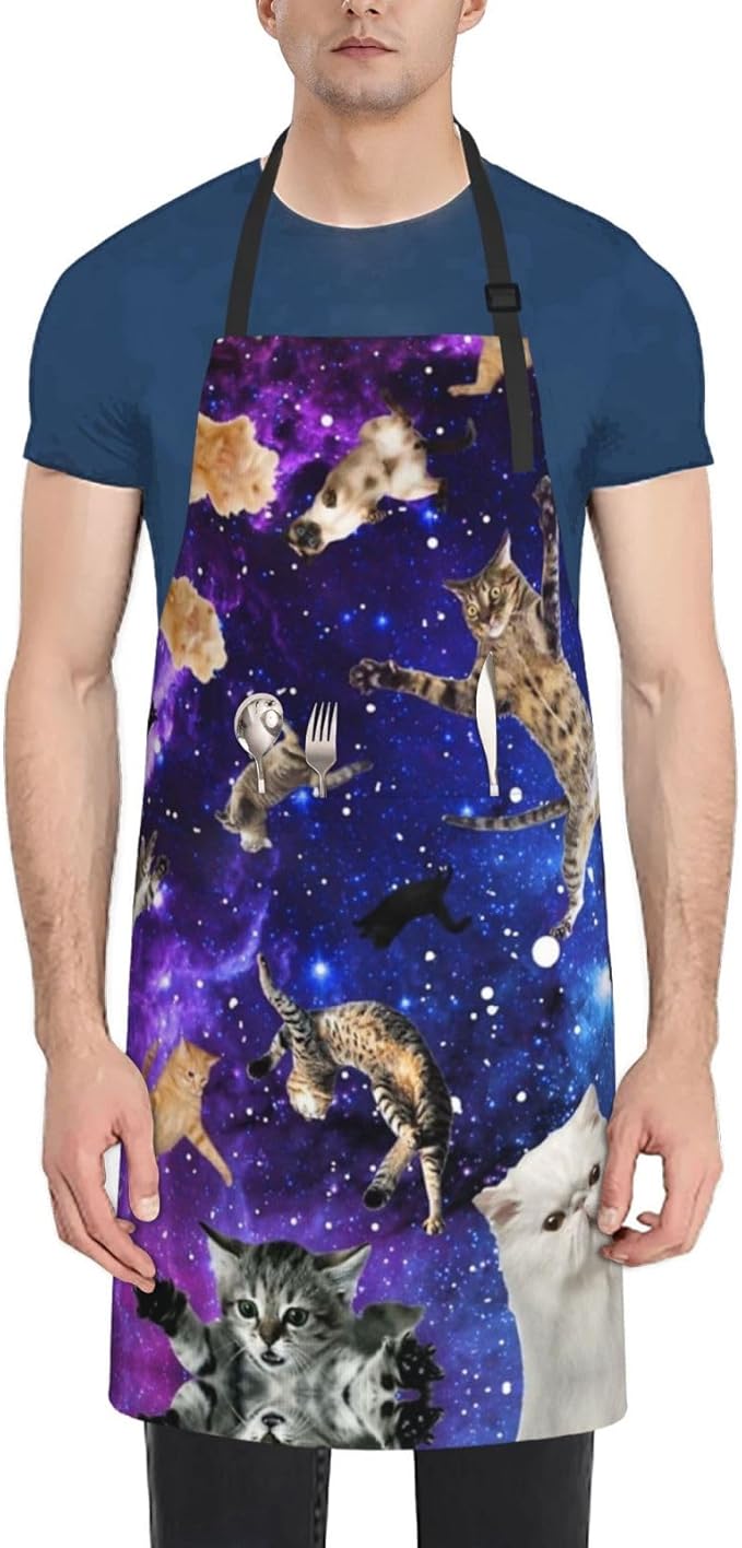 Cute Cat Apron Adjustable with 2 Pockets Cooking Kitchen Aprons for Men Women Outdoors Baking Chef Apron