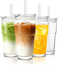 INSETLAN 20oz Glass Tumbler with Glass Straw and Lid, Set of 4 - Thickened Ice Coffee Cup, Glass Cup with Lid and Straw for Smoothie, Tea, Milk, Whiskey, Water and More – Elegant & Durable
