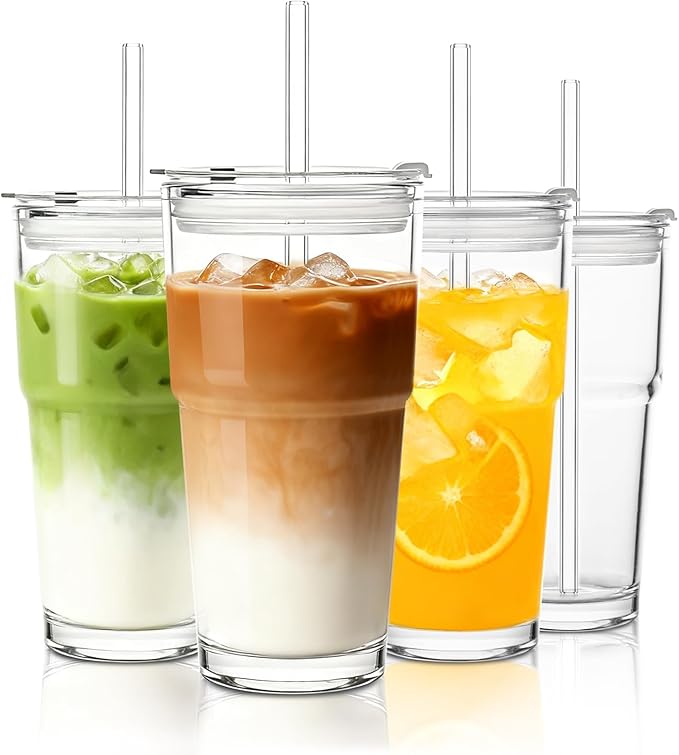 INSETLAN 20oz Glass Tumbler with Glass Straw and Lid, Set of 4 - Thickened Ice Coffee Cup, Glass Cup with Lid and Straw for Smoothie, Tea, Milk, Whiskey, Water and More – Elegant & Durable