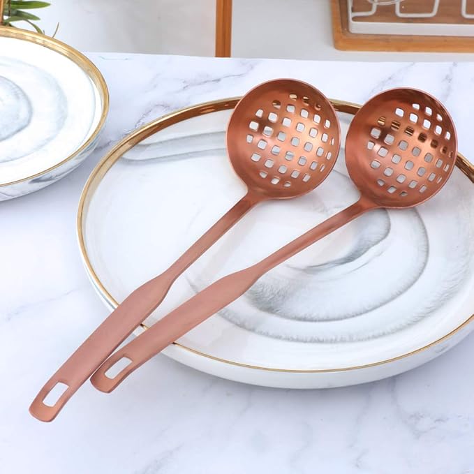 Buyer Star 2 Pcs Soup Ladle Colander, Rose Gold Cookware Serving Long Handle Steel Slotted Spoon Cooking Utensil Set for Hotpot