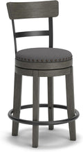 Signature Design by Ashley Caitbrook | Farmhouse Swivel 24" Counter Height Barstool – 360° Swivel, Upholstered with Nailhead Trim, Metal & Wood Frame, Gray