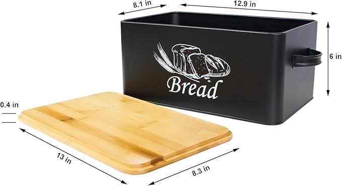 SOTECH Bread Box for Kitchen Countertop Metal BreadBox with Cutting Board Bamboo lid Black Bread Bin Farmhouse Food Storage Container Holder