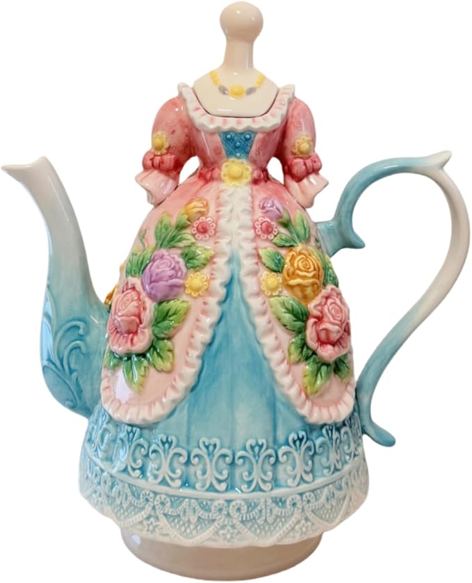 Large Ceramic Teapot and Coffee Pot with Lid, 3D Embossed Victoria Pink Rose Flowers Decorative Teapot (Multicolour)