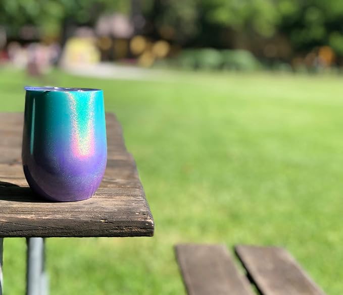CHILLOUT LIFE 12 oz Stainless Steel Wine Tumbler with Lid - Double Wall Vacuum Insulated Wine Cup Glass Keeping Cold & Hot for Coffee, Champagne, Cocktails, Ice Cream - Mermaid Sparkle