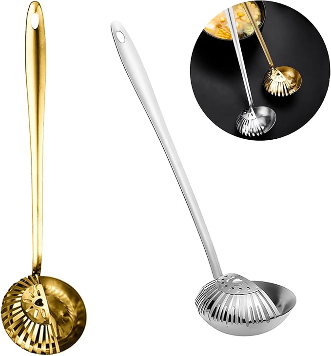 2 Pcs Hot Pot Dual Purpose Stainless Steel Soup Ladle, Gold Silver Soup Filter Oil Filter Spoon
