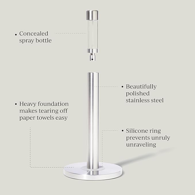 Curio Home Goods Obscura Paper Towel Holder plus Spray Bottle, Stainless Steel and Marble, Silver/White