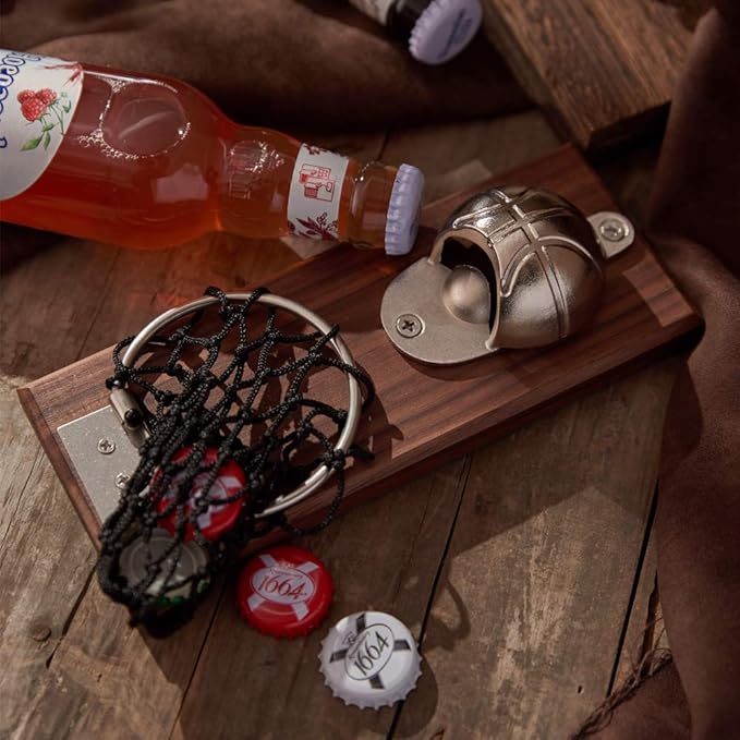 Magnetic Basketball Bottle Opener, Wooden Wall Mounted Opener with Cap Collector Catcher, Ideal Gift for Basketball and Beer Lovers, Use as Kitchen-Yard-Bar Decoration