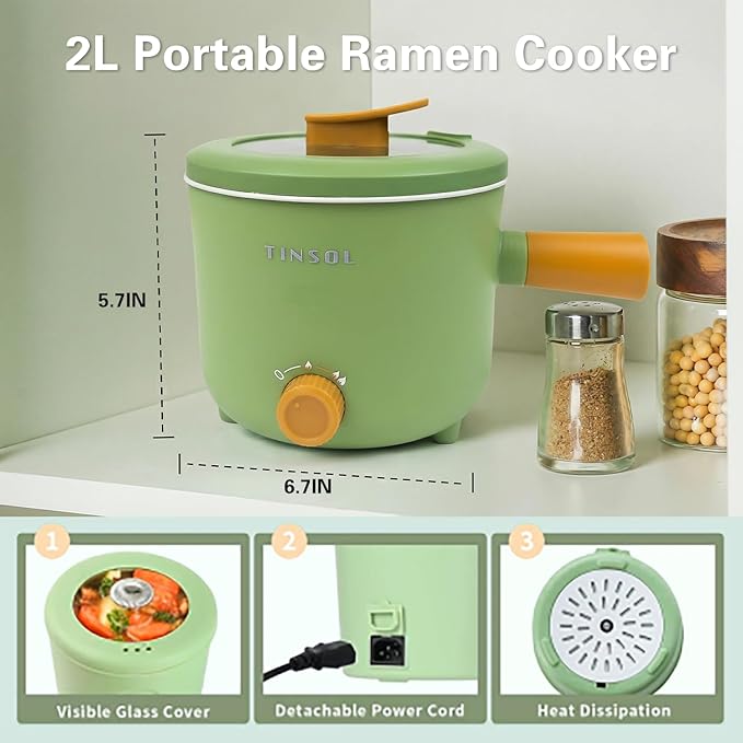 2L Multi-Function Electric Pot, Portable Mini Rice Cooker, 600W Non-Stick Sauté Pan, Two-Speed Adjustable Hot Pot Electric Suitable for Steak, Eggs, Fried Rice, Pasta, Mushroom Soup