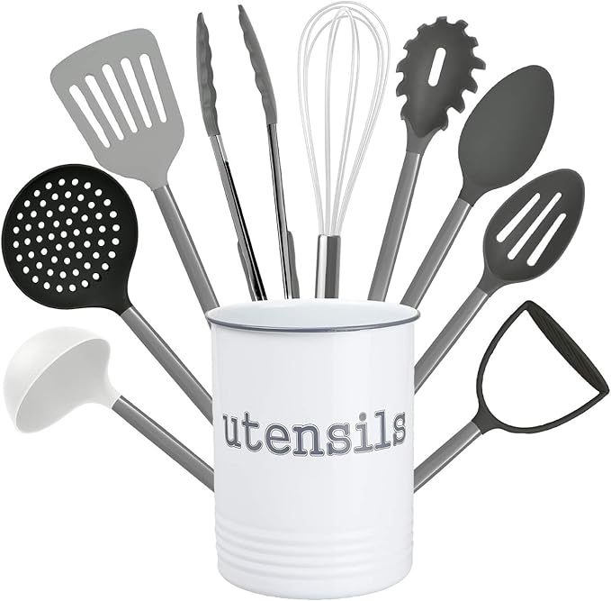 Cook With Color 10 Piece Nylon Cooking Utensil Set with Holder, Kitchen Tools and Gadgets with Rounded Copper Handles (Ombre Grey)