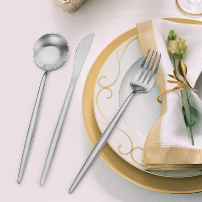 Matte Silverware Set, Oliviola 60-Piece Stainless Steel Flatware Cutlery Set Service for 12, Satin Finish Kitchen Utensil Set, Dishwasher Safe