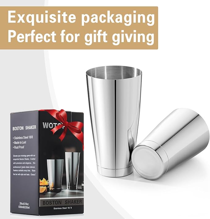 WOTOR Boston Cocktail Shaker Set, 18 oz & 28 oz Stainless Steel Weighted Shaker Tins, Metal Martini Shaker Drink Mixer for Bartending, professional Bar Tools for Bartender （Sliver）