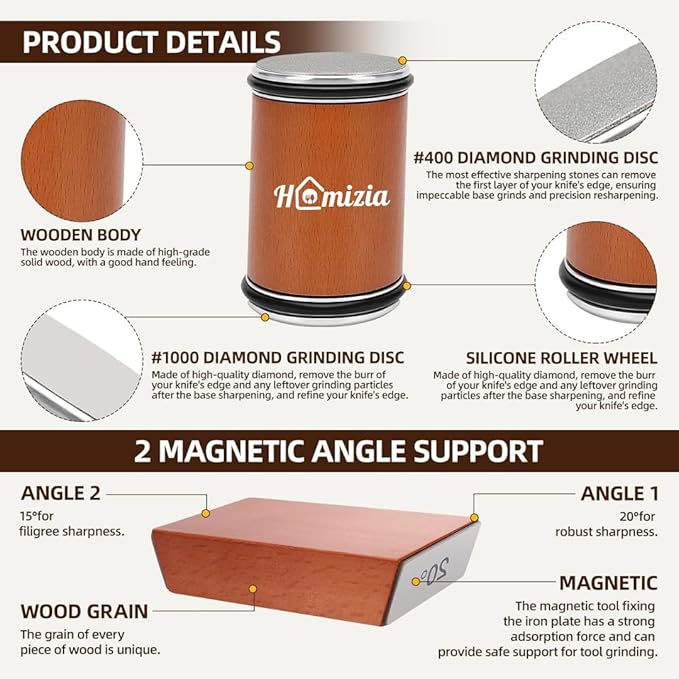 Rolling Knife Sharpener – Diamond-Crafted Sharpening Kit with Magnetic Angle System – Easy Knife Sharpening at 15 Degree and 20 Degree Angles – Safe, Compact, Edge Results - Cheff Approved