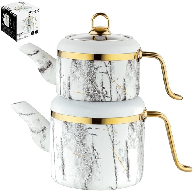 Hakan Melody Turkish Tea Pot Set | 3.5 L Tea Kettles for Stovetop with Stainless Steel Handless and Glass Lid | Aluminum Body Tea Maker | Double Stovetop Kettles with Granite Cover, White 3.6 qt