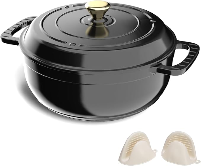 VINGLI 6QT Enameled Cast Iron Round Dutch Oven Pot with Lid, NonStick Casserole Pot with Dual Handles & Silicone GlovesRed, Oven Safe up to 500°F or on Stovetop, Dutch Oven for Bread Baking, Black