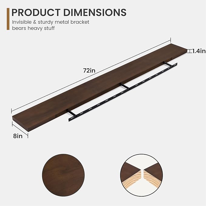 Floating Shelves 72 Inches Long - 8 Inch Deep Rustic Solid Pine Wood for Storage - Farmhouse Wall Mounted for Living Room - Heavy-Duty Metal Bracket - 72" W x 8" D - American Walnut Color