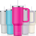 40 oz Tumbler with Handle and Straw Lid Insulated Tumblers Cups with Lids Straws Double Wall Vacuum Leak Proof Stainless Steel 40oz Tumbler Travel Mug Gifts for Men Women Him Her (Camelia)