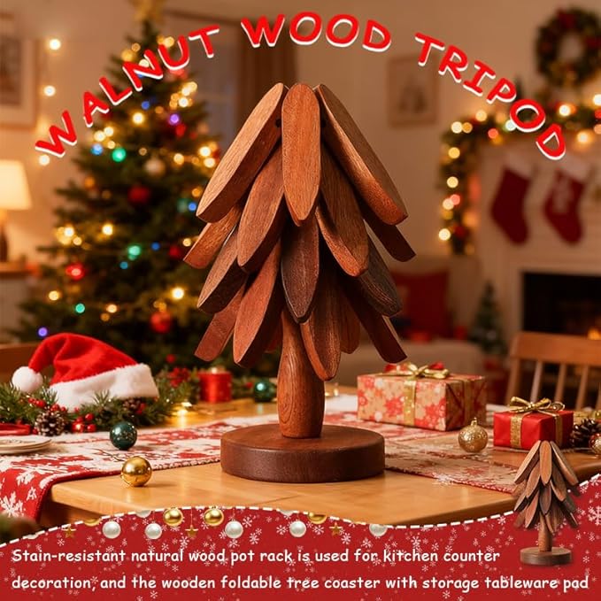 Wooden Trivet Tree, 4 Trivets + 1 Stand for Hot Dishes, Natural Tree Trivet Set, Multi-Functional Decorative Heat Resistant Mats Pots Bowls Teapots Pans Handcrafted Non-Slip Design （Walnut Wood）