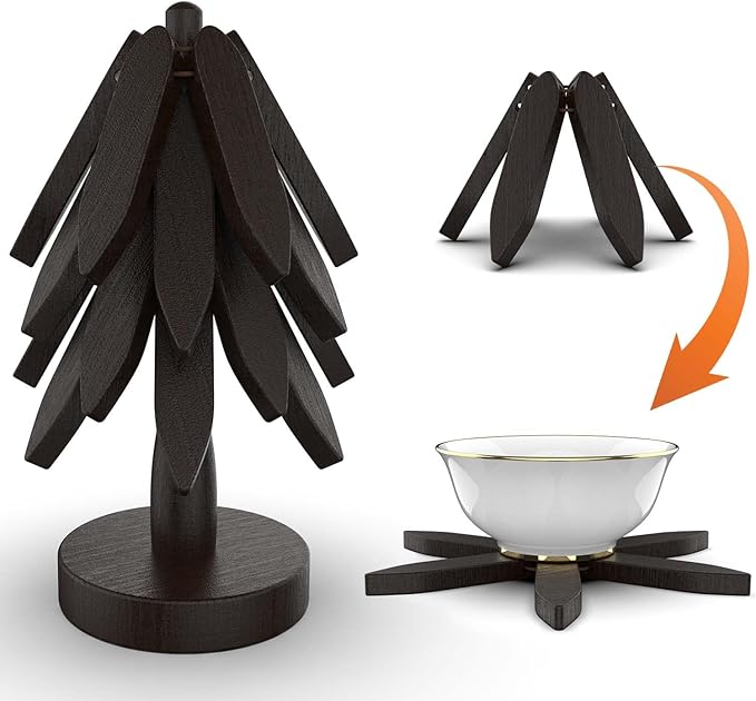 Wooden Trivets for Hot Dishes,Tree Shape Trivet Set, 4 Wooden Trivets+1 Stand, Natural FoldableKitchen Wooden Trivet for Hot Dishes、Pot、Bowl、Teapot、Hot Pot Holders (Black)