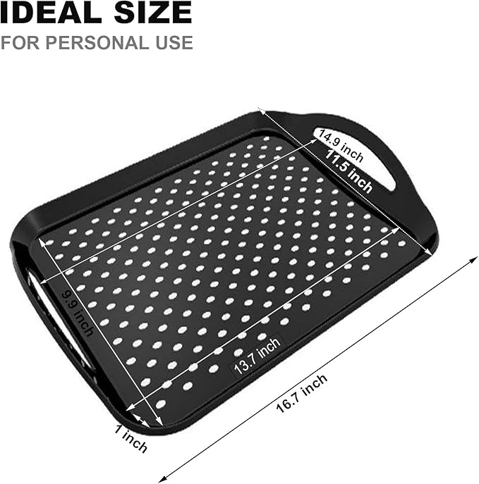 Non Slip Food Serving Tray with Handles, 2-Pack Rectangle Anti-Slip Non-Toxic Dishwasher Safe Tray for Snack Fruit Dessert Breakfast Drink,Black