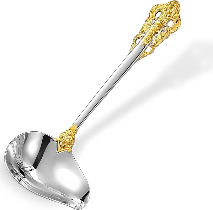 KEAWELL Luxury 7.3" Sauce Ladle, 18/10 Stainless Steel, Gold Accent, Small Gravy Spoon for Home. Solid and Sturdy, Dishwasher Safe (1)