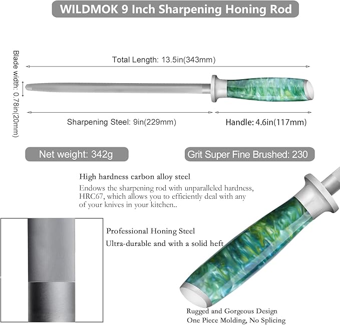 WILDMOK Sharpening Steel Rod Honing Steel Knife Sharpening Rod 9 inches, Premium Carbon Steel Knife Sharpener Stick, Easy to Use Honer for Knives and Rod Sharpeners - Knife Daily Maintenance