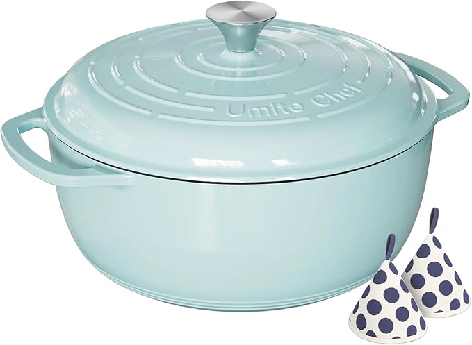 Umite Chef 6QT Enameled Cast Iron Dutch Oven with Lid, Versatile Heavy-Duty Cookware Pot for Baking Bread, Braising, Soups & Stews, Oven & Stovetop Safe with Heat Resistant Gloves（Blue）