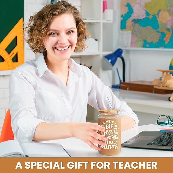 SANDJEST Teacher Gifts for Women - 16 Oz Can Glass Coffee Cup with Straws - Teacher Appreciation Gift for Women on Birthday Back To School