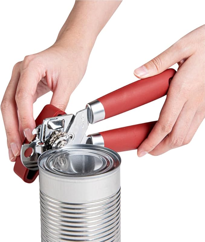 Restaurantware Comfy Grip 7.6 x 1.9 x 2.1 Inch Can Opener 1 Durable Manual Can Opener - Sharp Wheel Blade Grip Handle Red Stainless Steel Hand-Held Can Opener Built-In Bottle Opener