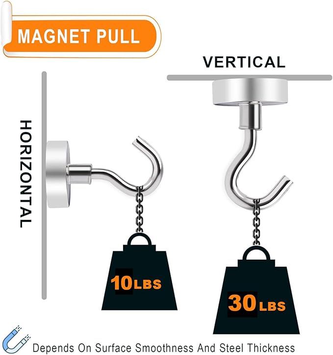MIKEDE Magnetic Hooks, 30Lbs+ Strong Magnetic Hooks Heavy Duty for Cruise Cabins, Super Hanging Hooks Neodymium Magnets with Hook for Fridge, Grill, Toolbox, Storage, Pack of 4