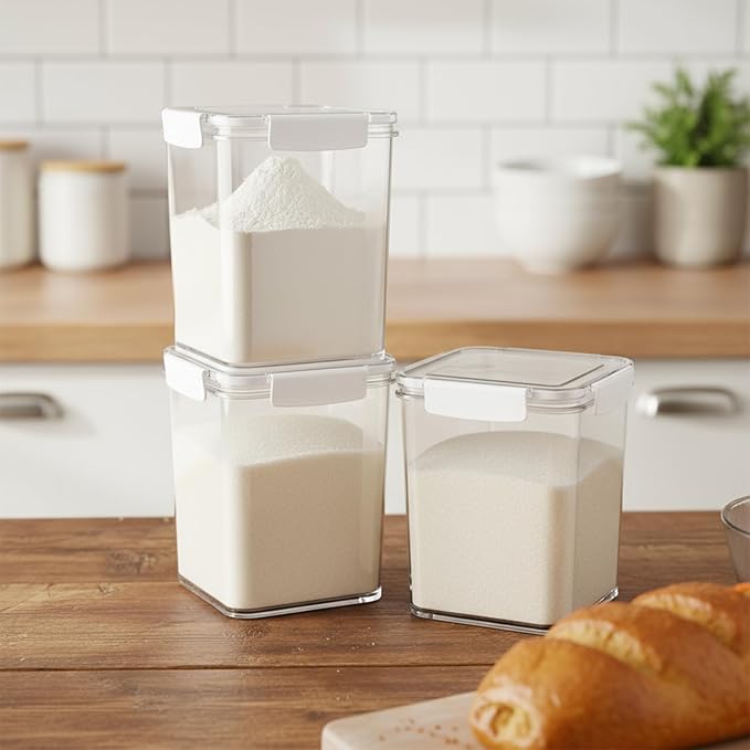 Plastic Containers With Lids for Food, 3Pcs Airtight Food Storage Containers for Pantry, Flour and Sugar Containers Set, BPA Free Clear Stackable Kitchen Storage Bins for Home,Pantry