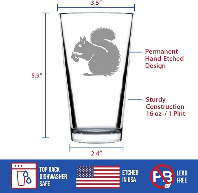 Squirrel Pint Glass for Beer - Squirrel Gifts and Decor with Squirrels - 16 Oz Glasses