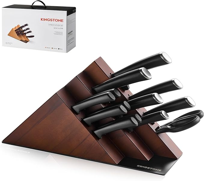 KINGSTONE 14-Piece Knife Block Set, High-Carbon Stainless Steel Knives with Ergonomic Non-Slip Handles, Ultra Sharp & Dishwasher Safe, Walnut
